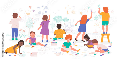 Children draw with chalk crayon vector illustration. Cartoon happy group of preschool boy girl character drawing cute pictures, artist child painting, art imagination education process background