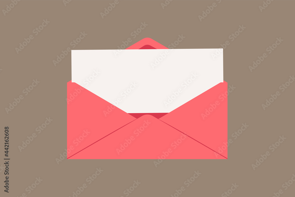 Open pink envelope with a blank sheet of paper. Vector illustration. Open pink envelope with a blank sheet of paper. Vector illustration.