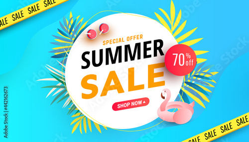 Summer Sale banner, hot season discount poster with flamingo and refreshing cocktails on sea blue background