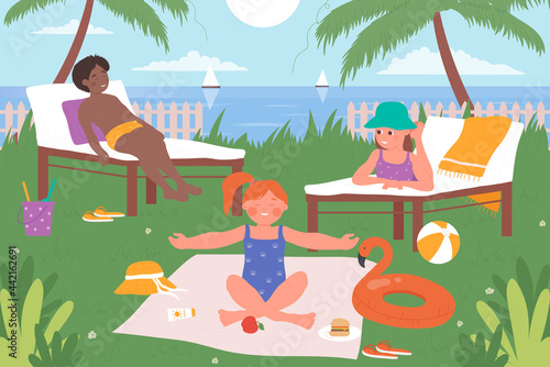 Kids play on sea tropical beach, children sunbathe, happy summer island vacation vector illustration. Cartoon cute boy girl child characters in swimsuits playing, sitting under palm trees background