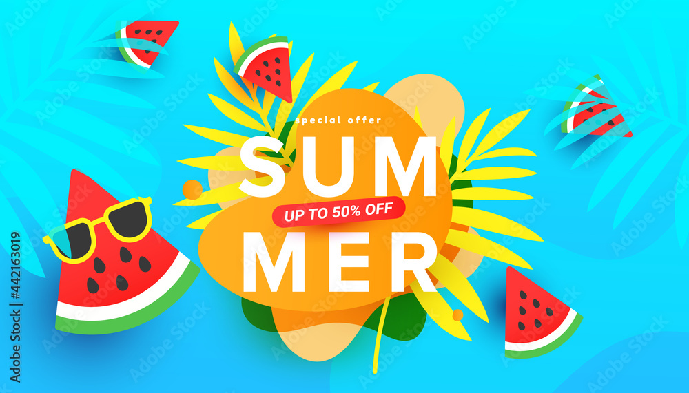 Summer sale vector illustration with tropical leaves, ripe watermelon in trendy bright colors. Promotion banner for website, flyer and poster. Vector illustration Summer sale vector illustration with tropical leaves, ripe watermelon in trendy bright colors. Promotion banner for website, flyer and poster. Vector illustration