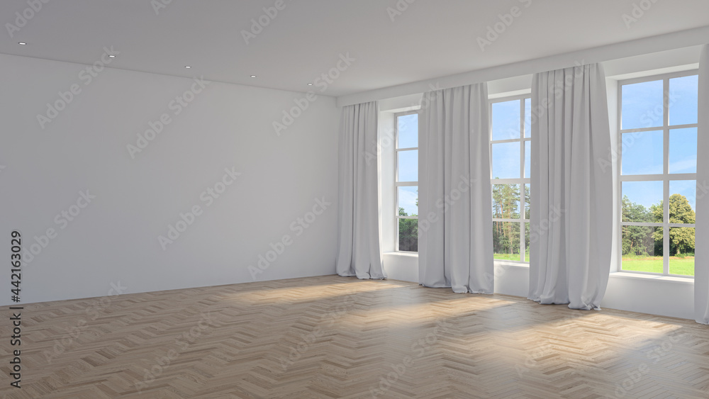 Fototapeta premium Illustration 3D rendering large luxury modern bright interiors Living room mockup computer digitally generated image
