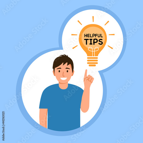 Man with lightbulb helpful tips in flat design on blue background.