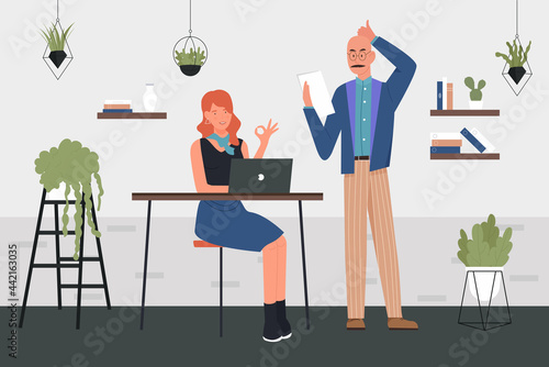 Business people work in office vector illustration. Cartoon young woman manager character showing okay gesture, sitting at table with laptop, businessman boss standing with paper document background