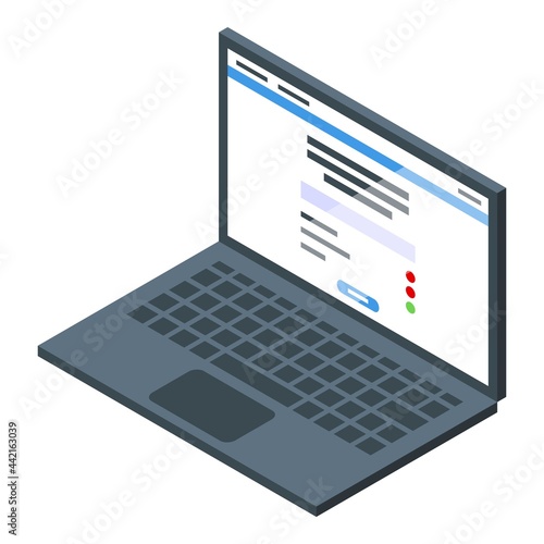 Laptop test result icon isometric vector. Computer online list. Paper form test result