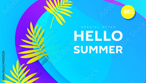 Wallpaper Mural Creative Hello summer holiday sale banner in trendy bright colors with tropical leaves and discount text. Promotion banner for website, flyer and poster. Vector illustration Torontodigital.ca