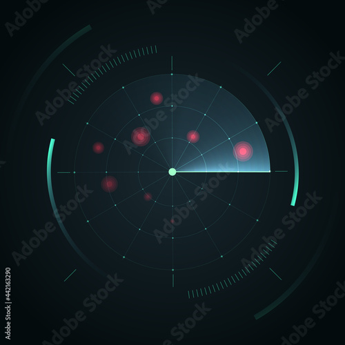 Radar Screen. Hud display. Vector Radar interface on dark background.