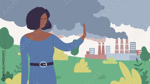 Stop air pollution from urban industrial smog, environment protection, save ecology vector illustration. Cartoon young woman volunteer character showing stop gesture to polluting factory chimneys