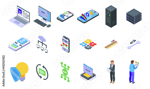 API icons set isometric vector. Computer develop code. Software program