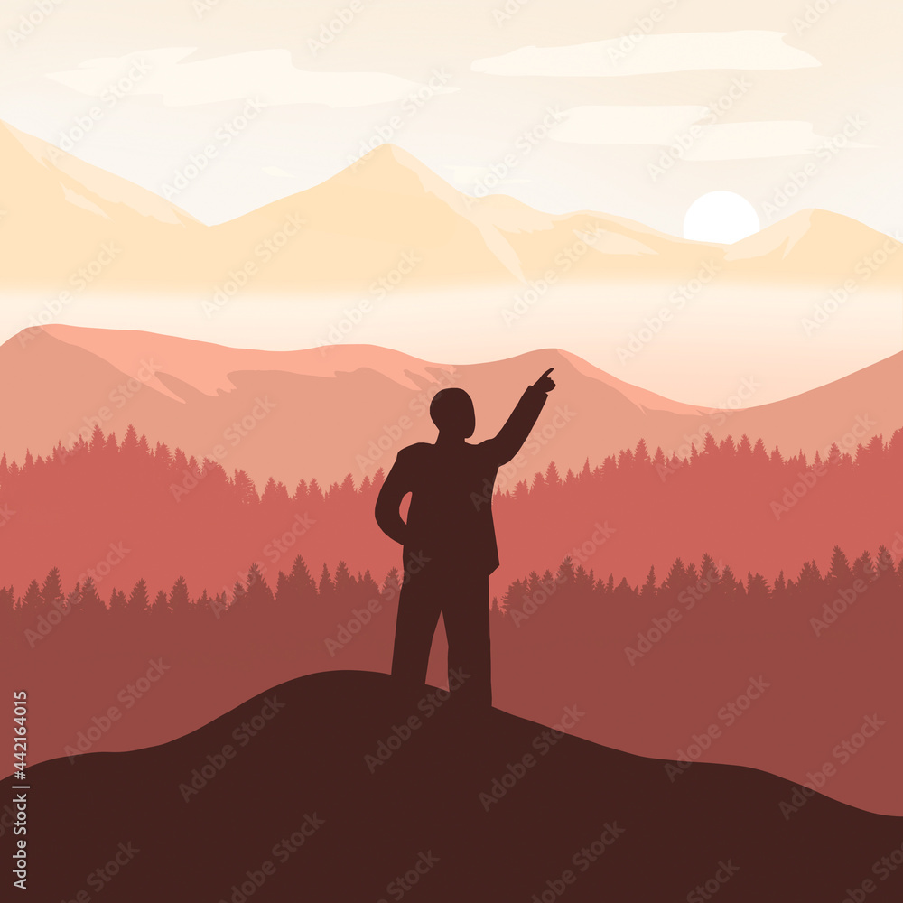 A person standing on top of the mountain pointing at the setting sun rising sun. 2D Flat simple illustration of success and freedom following dreams, climbing business mountains and never give up. 