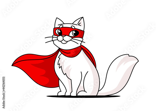 Vector illustration of cute hero cat character in red mask and cloak