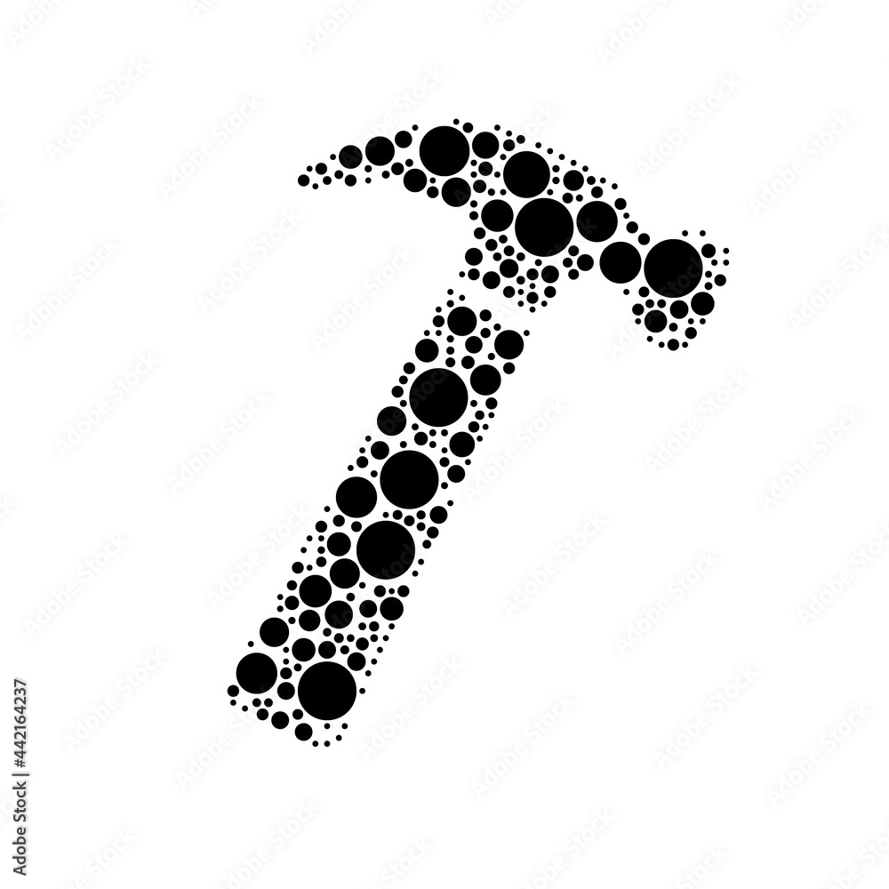 A large hammer symbol in the center made in pointillism style. The center symbol is filled with black circles of various sizes. Vector illustration on white background A large hammer symbol in the center made in pointillism style. The center symbol is filled with black circles of various sizes. Vector illustration on white background
