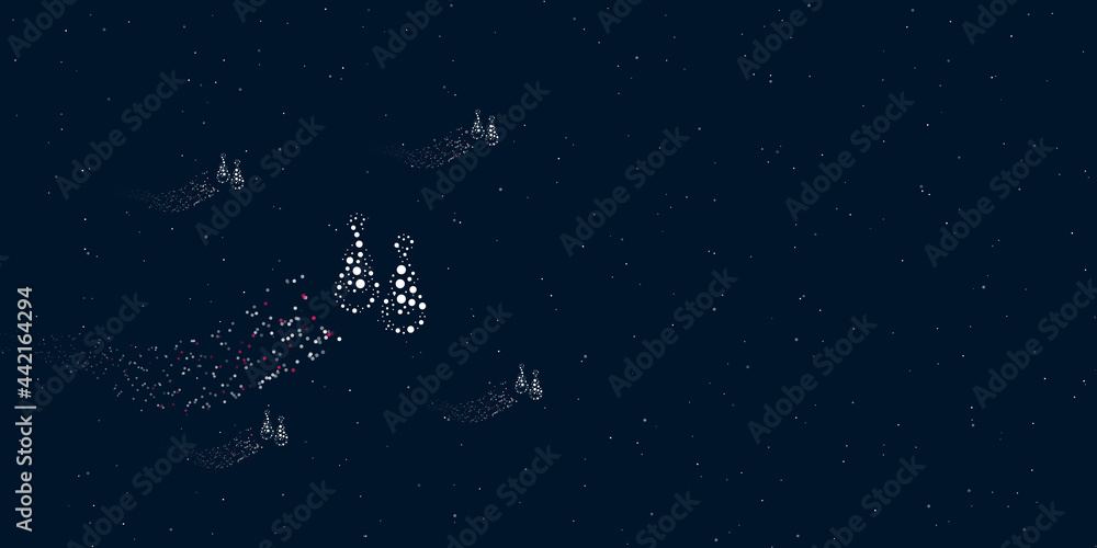 A earrings symbol filled with dots flies through the stars leaving a trail behind. Four small symbols around. Empty space for text on the right. Vector illustration on dark blue background with stars