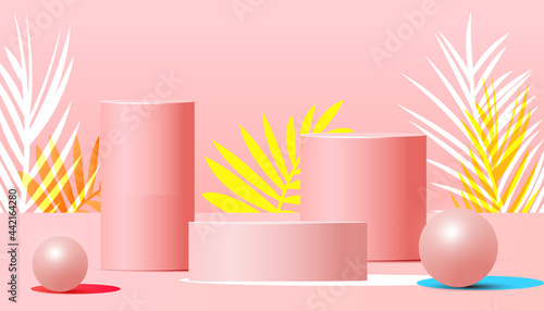 Minimal abstract summer banner with cosmetic product podium or platform, geometric bubble shapes with tropical leaves on a pink background. Vector illustration