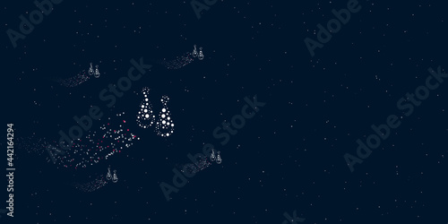 A earrings symbol filled with dots flies through the stars leaving a trail behind. Four small symbols around. Empty space for text on the right. Vector illustration on dark blue background with stars
