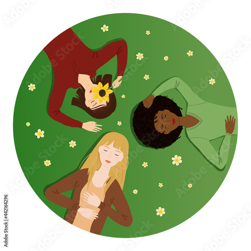 Flat vector illustration of three young women of different skintone, haircolor and style. They are lying on a field full of chamomiles, enjoying nature, smiling with their eyes closed.