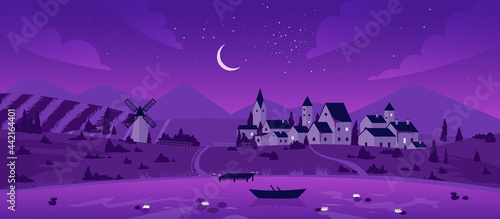 Night town or village by lake landscape vector illustration. Cartoon mountain scenery with moon in purple starry sky, boat on calm lake waters, mill on summer fields and farm houses background