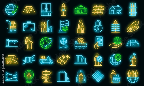 Illegal immigrants icons set. Outline set of illegal immigrants vector icons neon color on black
