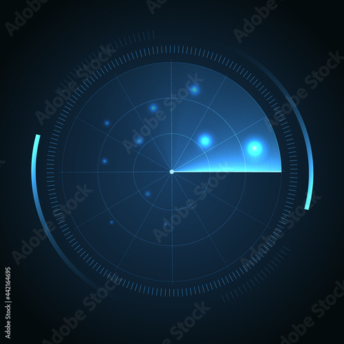 Radar Screen. Hud display. Vector Radar interface on dark background.