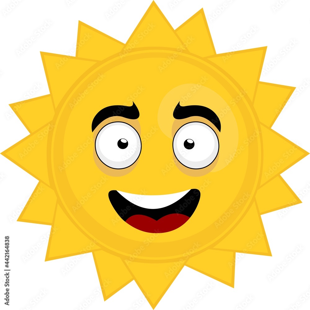 Vector emoticon illustration of a cartoon sun with a happy expression