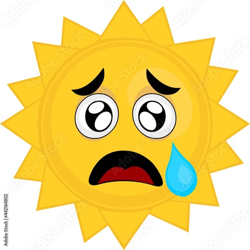 Vector illustration of cartoon character emoticon of the sun with a sad expression on and a tear falling from his eye