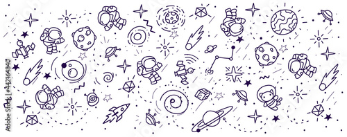 Vector abstract black and white kid space illustration, fun pattern with astronaut, star, planet