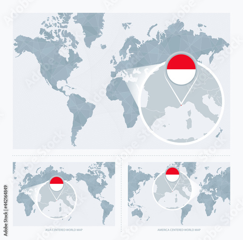 Magnified Monaco over Map of the World, 3 versions of the World Map with flag and map of Monaco.