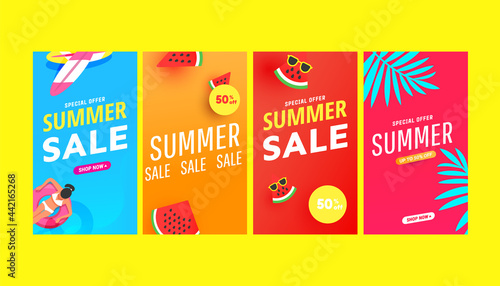 Summer story vector illustration pack with tropical leaves, bubble forms and beach accessories pattern background. Trendy set of social media design template