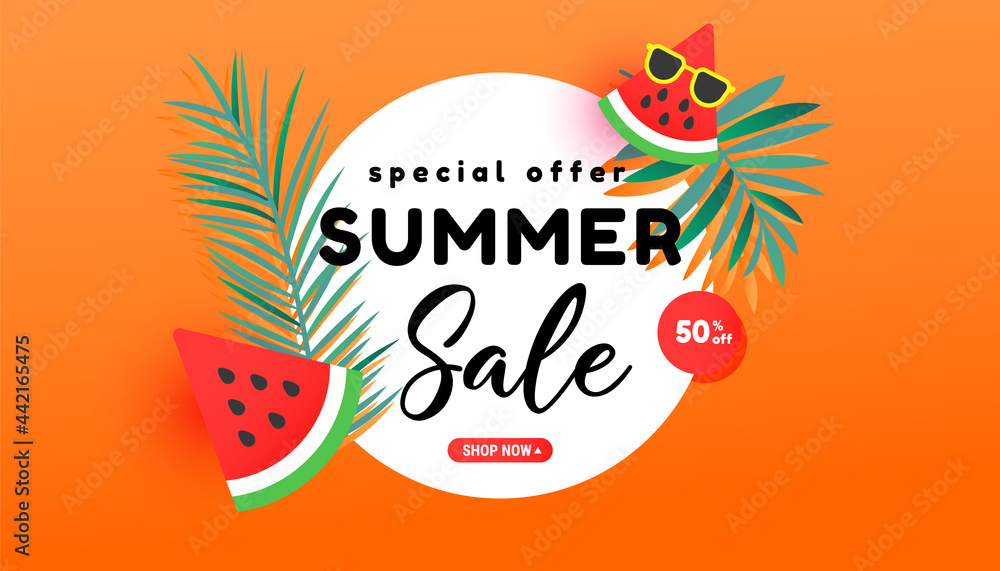 Summer sale banner in trendy style with tropical leaves and flying ripe watermelon slices in the air on bright orange background