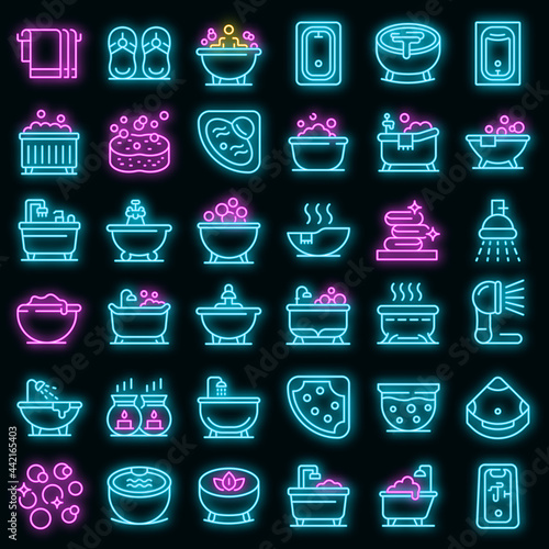 Jacuzzi icons set. Outline set of jacuzzi vector icons neon color on black