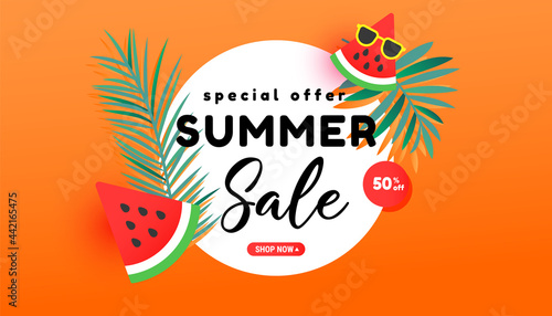Summer sale banner in trendy style with tropical leaves and flying ripe watermelon slices in the air on bright orange background