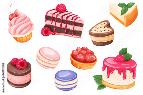 Cakes stickers set. Bundle of objects confectionery. Various cakes and pies with raspberries  strawberries and cherries  cookies and sweets. 3d illustration with isolated elements in realistic design
