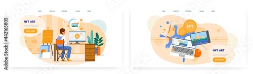 NFT art landing page design, website banner vector template set. NFT artist creating crypto art. Non-fungible token.