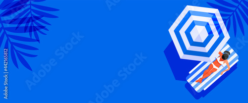 Summer sale banner on blue background with copy space. Summer beach flat design for banner, greeting card, poster and advertising, vector illustration