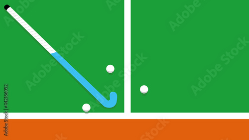 Top view illustration of hockey stick and balls on grass court. With copy space. Banner to announce hockey tournaments.