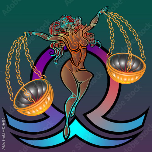 Zodiac libra horoscope sign. Brownskin young woman is holding a scales. Flying redheaded girl with gold bowls on golden chains. Vector illustration.