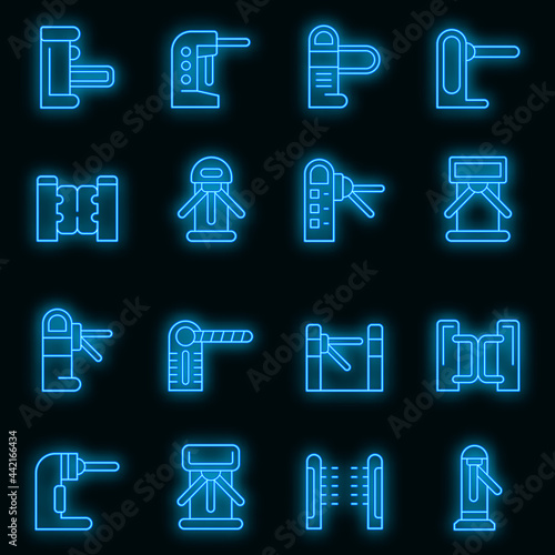 Turnstile icons set. Outline set of turnstile vector icons neon color on black