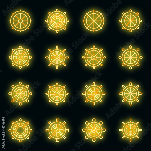 Ship wheel icons set. Outline set of ship wheel vector icons neon color on black