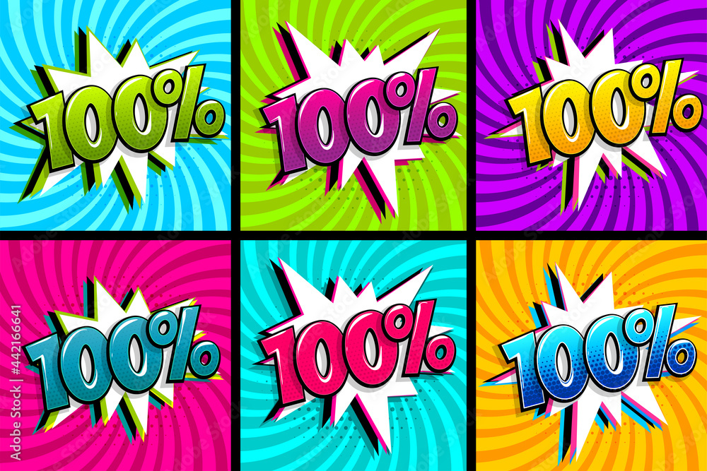 Comic text 100 percent quality set. Colored speech bubble on radial background. Comics book explosion wow boom offer collection. Halftone radial vintage. Promo sale one hundred percent poster Comic text 100 percent quality set. Colored speech bubble on radial background. Comics book explosion wow boom offer collection. Halftone radial vintage. Promo sale one hundred percent poster
