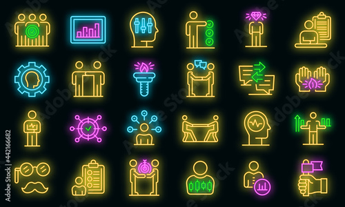 Personal traits icons set. Outline set of personal traits vector icons neon color on black