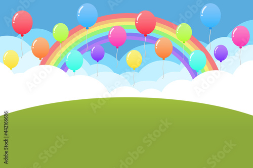 山と雲の背景 長方形 虹と風船