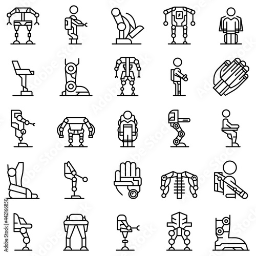 Exoskeleton icons set outline vector. Artificial cyber body. Bionics future