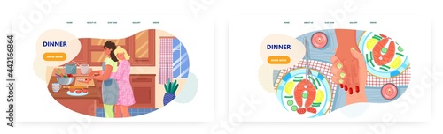 Dinner landing page design, website banner vector template set. Happy daughter hugging her mom cooking dinner in kitchen