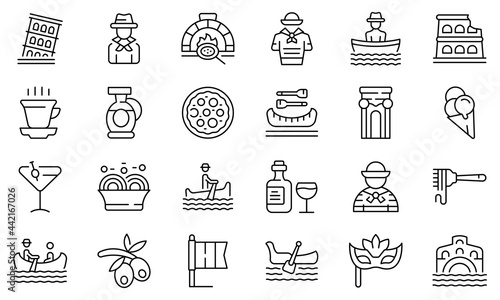 Gondolier icons set outline vector. Venice bridge gondola. Canal boat man