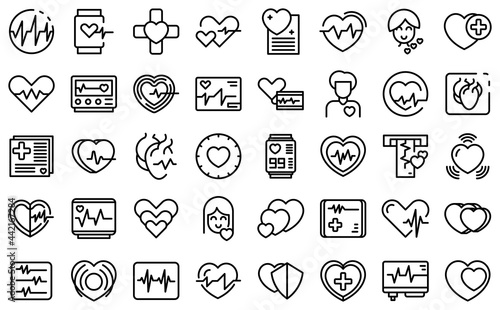 Palpitating icons set outline vector. Aid abdomen attack. Breath disorder