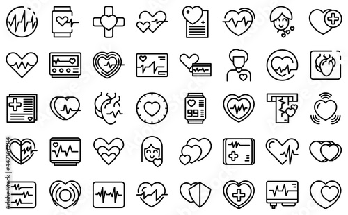 Palpitating icons set outline vector. Aid abdomen attack. Breath disorder photo