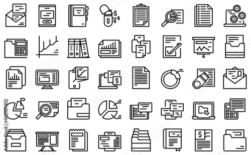 Record keeping icons set outline vector. Contract budget. Invoice evaluation