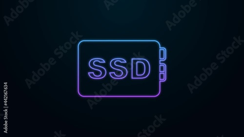 Glowing neon line SSD card icon isolated on black background. Solid state drive sign. Storage disk symbol. 4K Video motion graphic animation photo