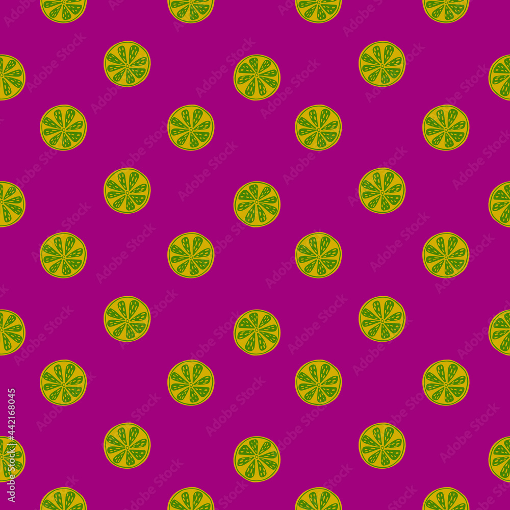 Bright seamless pattern with green simple lime slices ornament. Pink background. Natural print. Bright seamless pattern with green simple lime slices ornament. Pink background. Natural print.