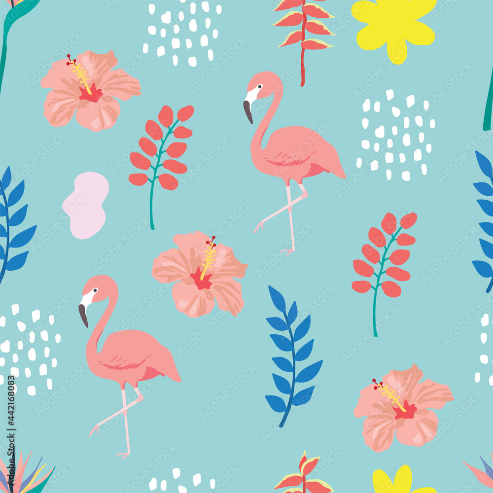 Naklejka premium summer seamless pattern with leaf,flamingo,hibiscus on green background
